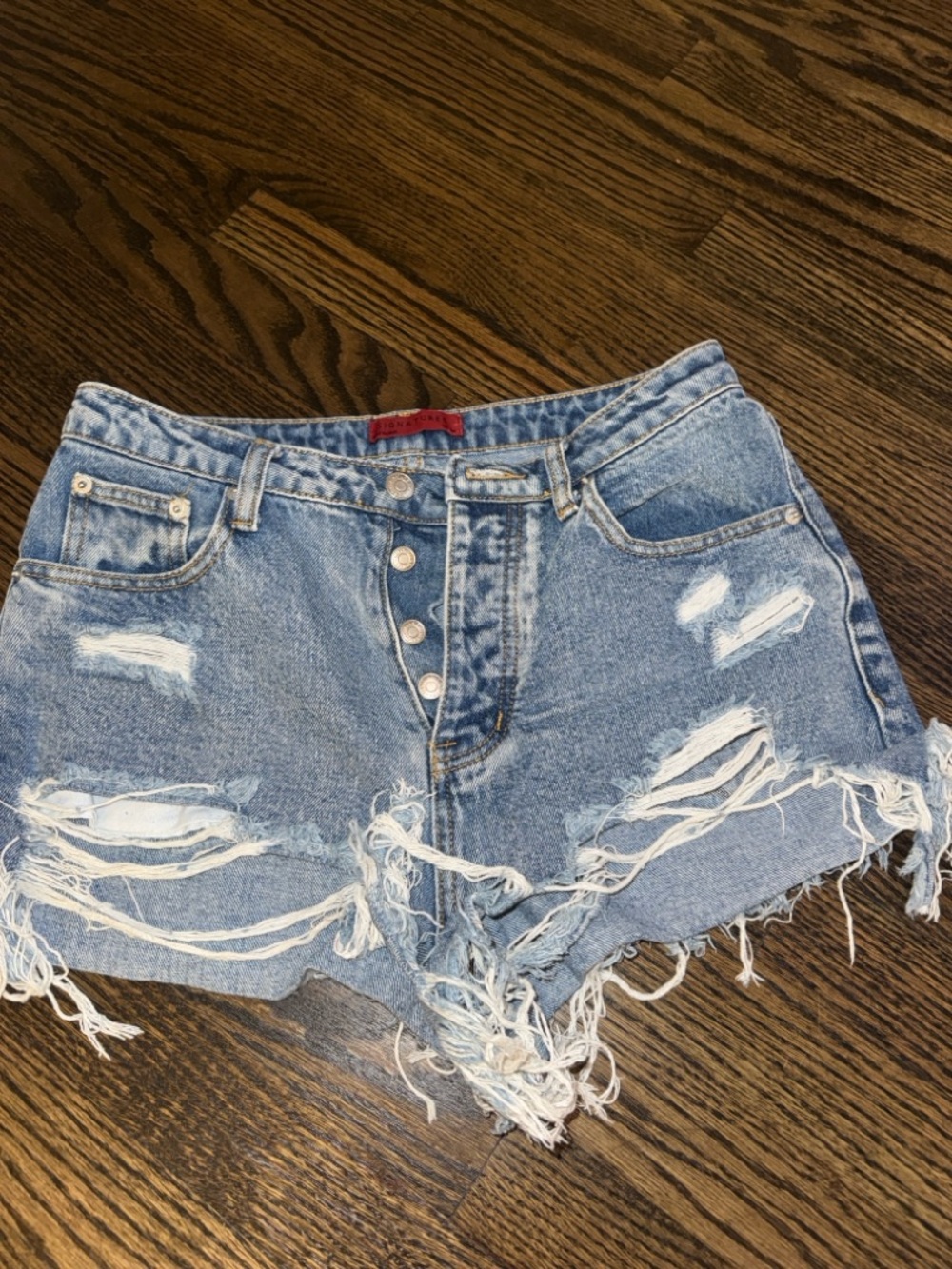 Signature Light Blue Distressed High-Rise Denim Shorts